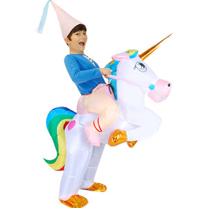 Kids Adult Halloween Inflatable Costumes, Riding a Unicorn, Ride-on Air Blow-up Deluxe Set with Hat