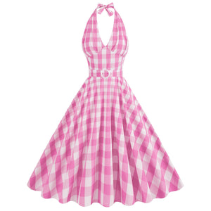 Women 1950s Pink Plaid Dress Pink Gingham Dress 50s Vintage Halloween Costume Dresses