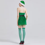 Women's 4PCS Christmas Elf Santa's Helper Costume for Women Party Fancy Dress with Hat