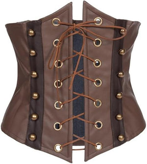 Women's Faux Leather Rivet Steampunk Retro Boned Wide Corset