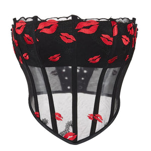 Women's Strapless Bustier Corset Red Lip Printed See Through Mesh Crop Tops