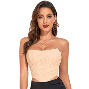 Women's Vintage Strapless Open Back Boned Mesh Zip Back Corset Crop Top